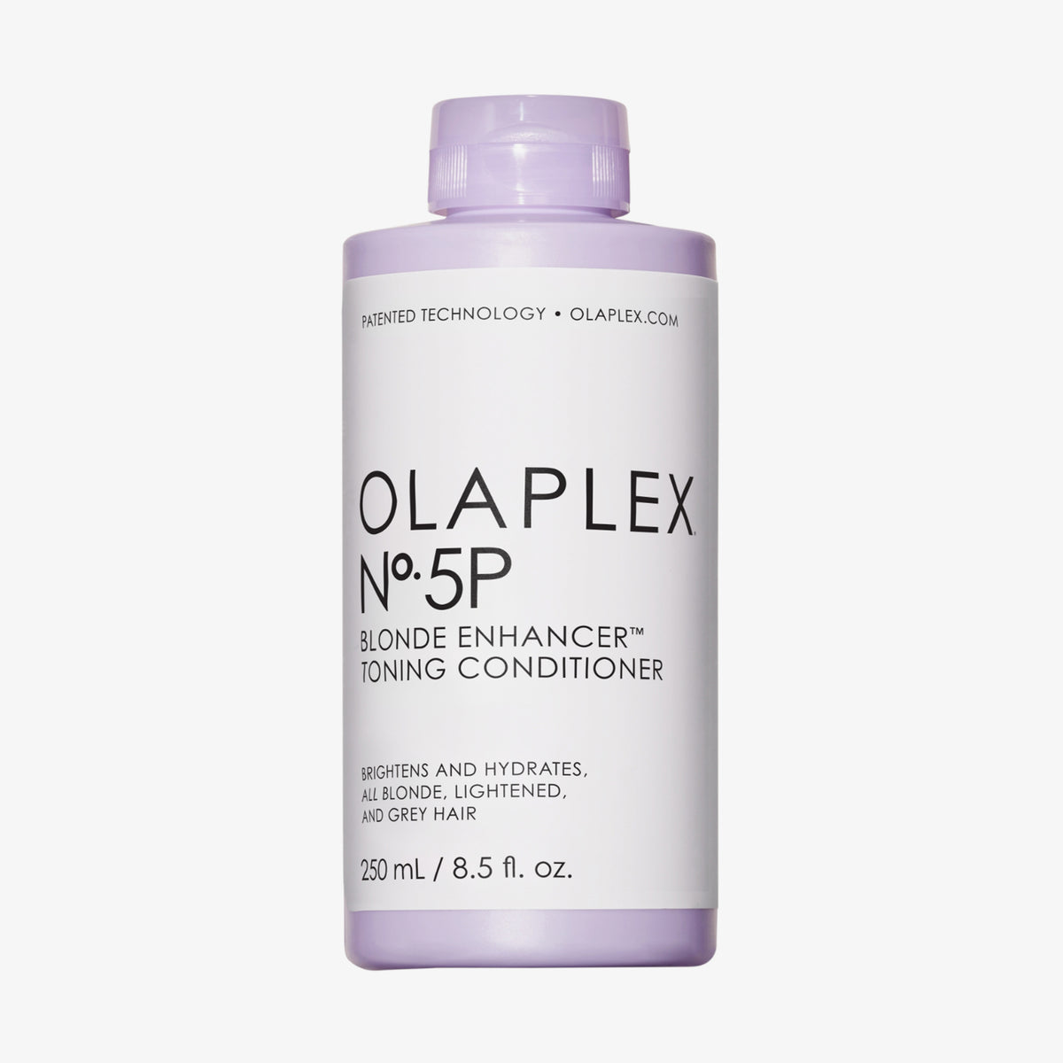 Eine violette 250-ml-Flasche N°5P Blonde Enhancer™ Toning Conditioner von OLAPLEX vor weißem Hintergrund.