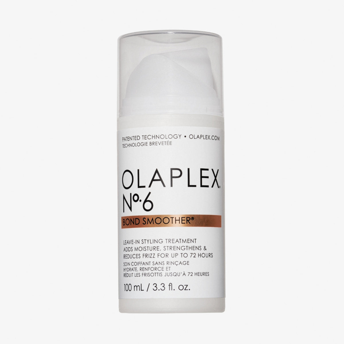 Weiße Pumpflasche N°6 Bond Smoother von OLAPLEX mit transparentem Deckel und schwarzem Text auf dem Etikett.