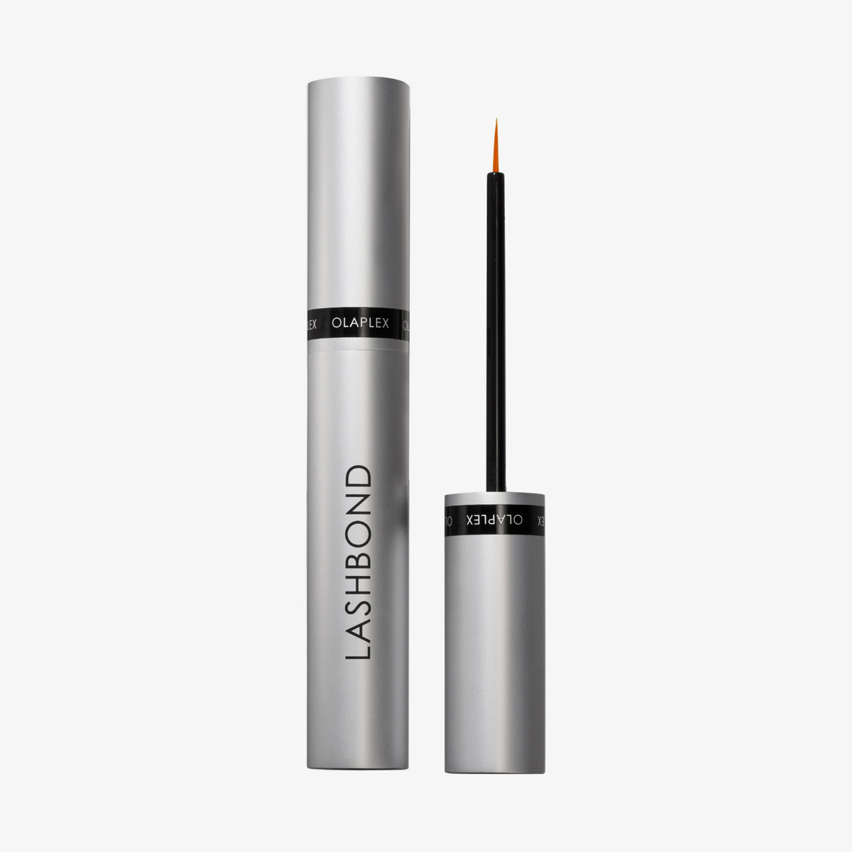 Silberne Tube des Original OLAPLEX® Lashbond Building Serum neben spitzem Applikator mit silbernem Deckel.
