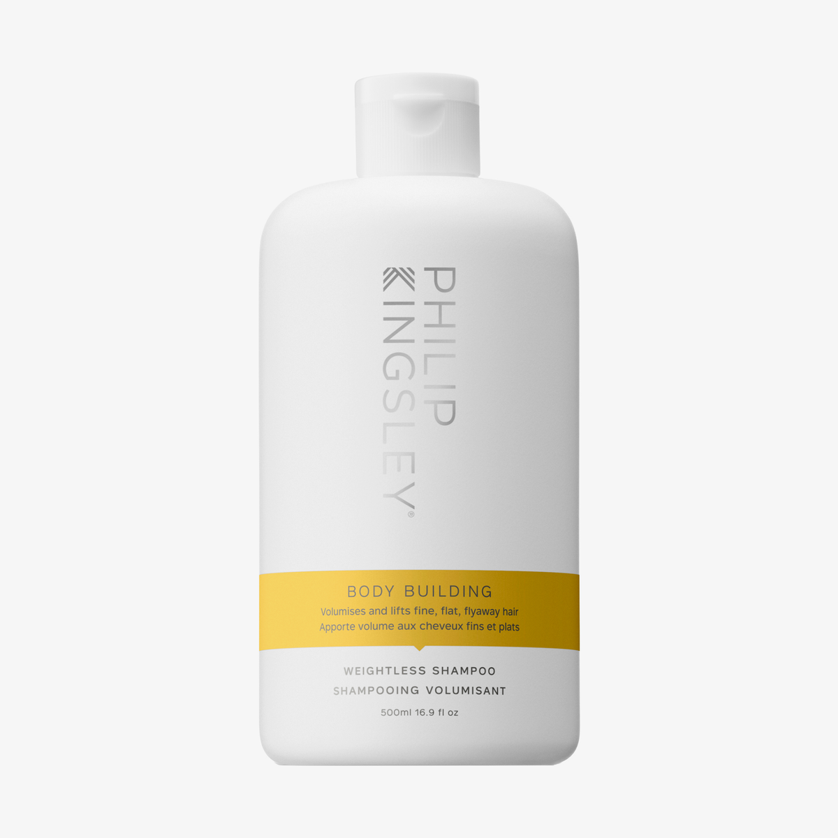 500 ml Philip Kingsley Body Building Shampoo in einer weißen Flasche mit gelbem Etikett und grauer Beschriftung.