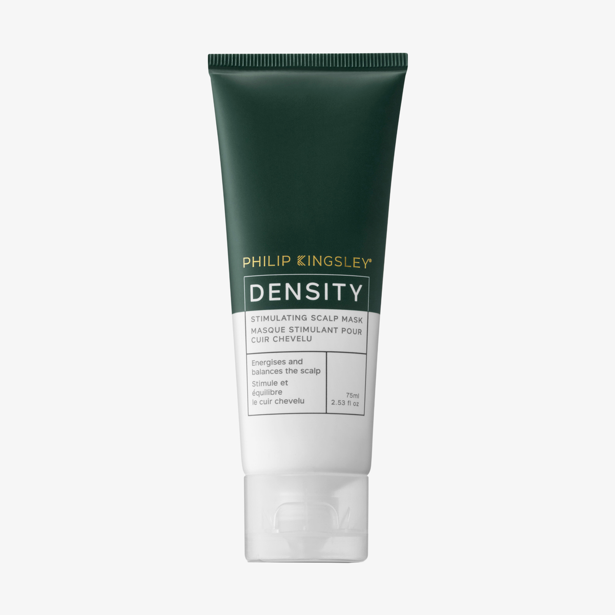 Eine grün-weiße 75-ml-Tube der „Density Stimulating Mask“ von Philip Kingsley mit Beschriftung in Englisch und Französisch.