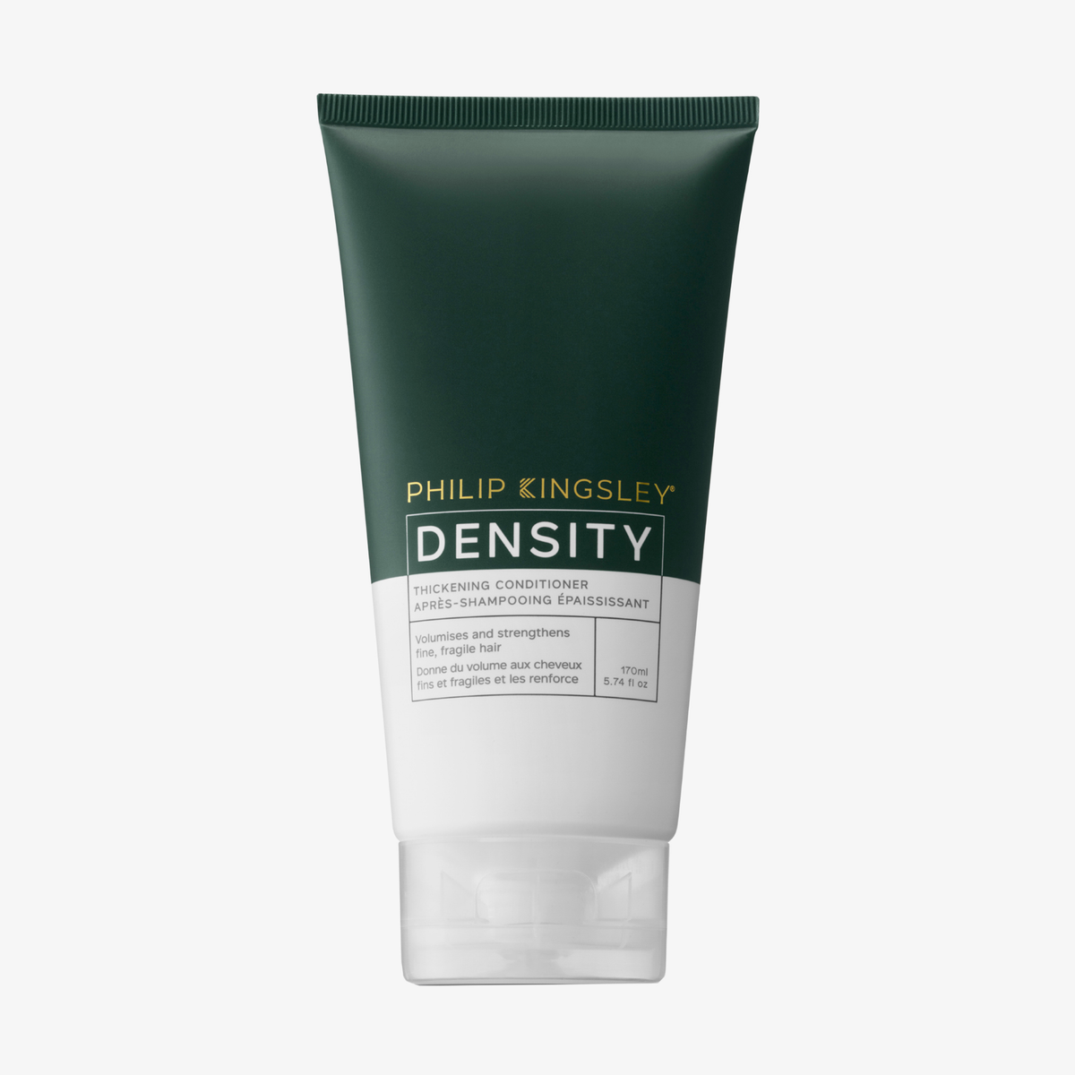 Philip Kingsley Density Thickening Conditioner, 150 ml: dunkelgrüne Tube mit weißem Verschluss und Etikett.