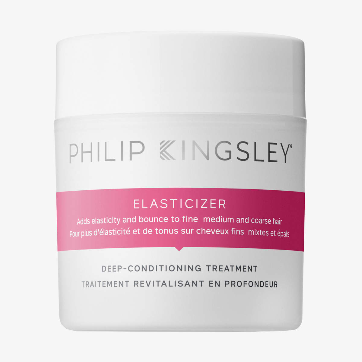 Ein weißer Tiegel mit „Philip Kingsley Elasticizer“, einer Intensivpflege für mittleres und krauses Haar, mit einem rosa Etikett.