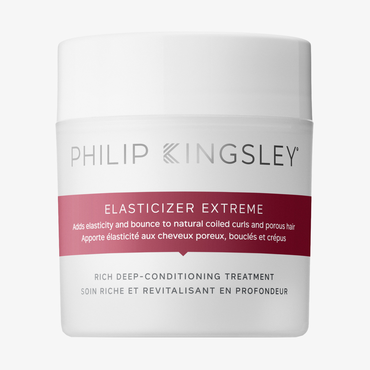 Weißer Tiegel mit „Philip Kingsley Elasticizer Extreme“, einer intensiven Tiefenpflege für lockiges Haar und poröses Haar.
