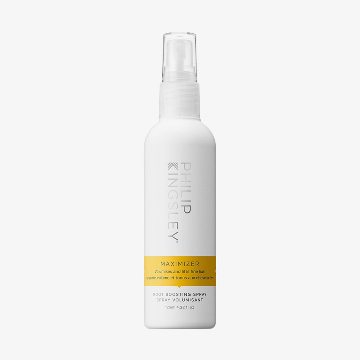 Philip Kingsley Maximizer (Root Boosting) Spray, weiße Flasche mit gelbem Akzent und transparentem Verschluss, 125 ml.