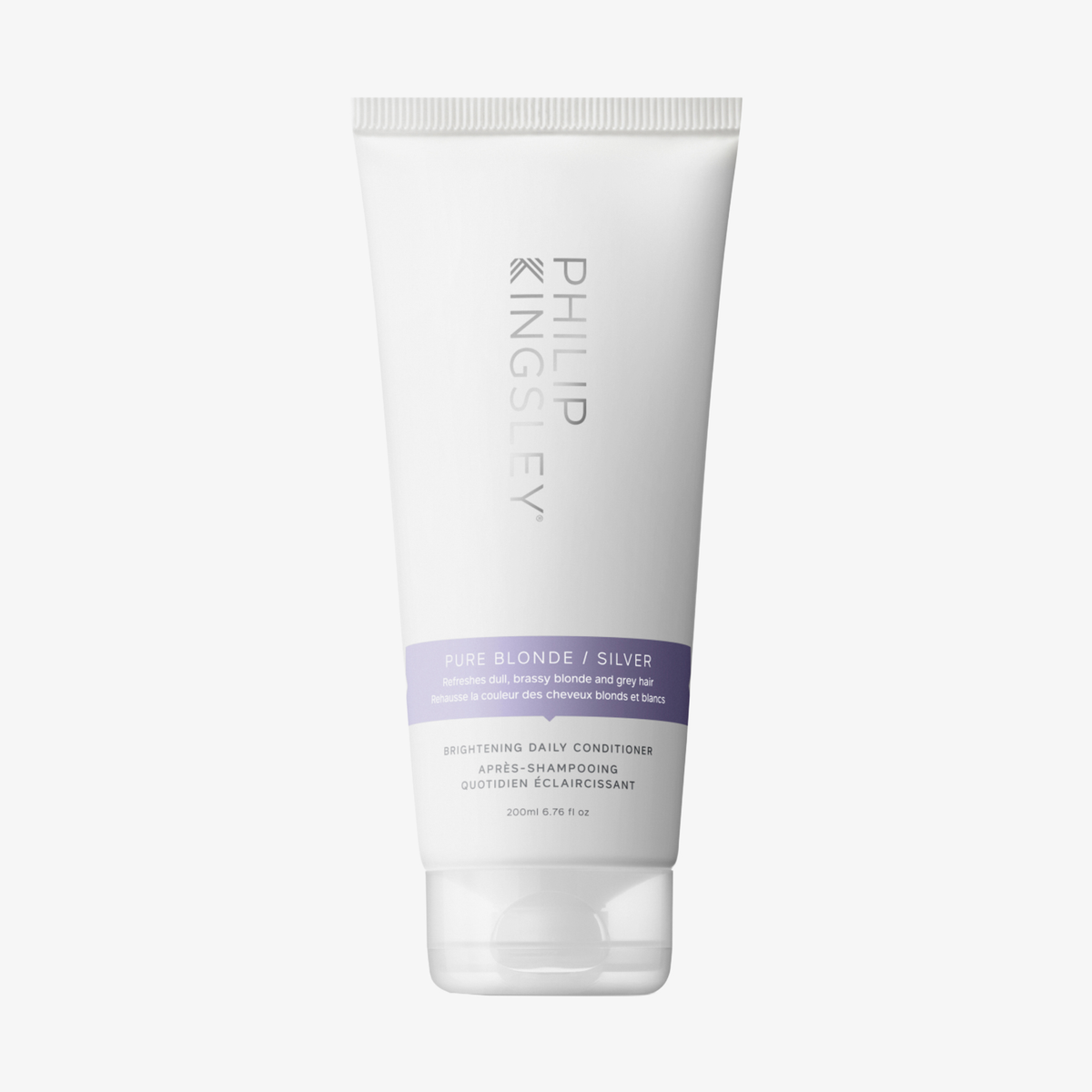 Eine 200-ml-Tube des „Philip Kingsley Pure Blonde/Silver Daily Brightening Conditioner“ in Weiß mit violetten Akzenten auf dem Etikett.