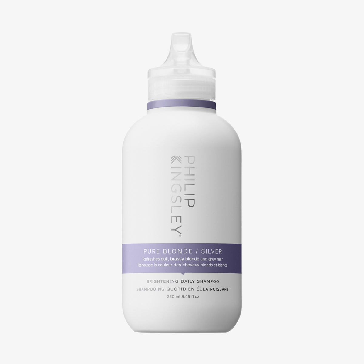 Eine Flasche „Philip Kingsley Pure Blonde/Silver Shampoo“ mit einem Design in Weiß und Lavendel.