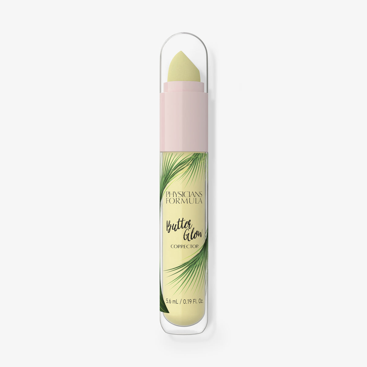 Eine Tube Physicians Formula Butter Glow Corrector in Gelb mit Palmblattdesign auf dem Etikett.