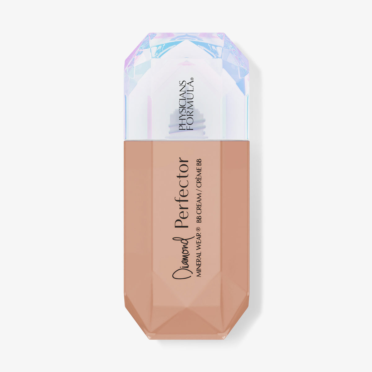 Eine rautenförmige Flasche Physicians Formula Mineral Wear Diamond Perfector BB Cream mit holografischem Verschluss.