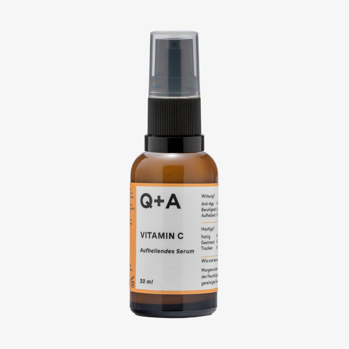 Eine braune Flasche Vitamin C Brightening Serum mit schwarzer Pumpe und weißem Etikett, 30 ml.