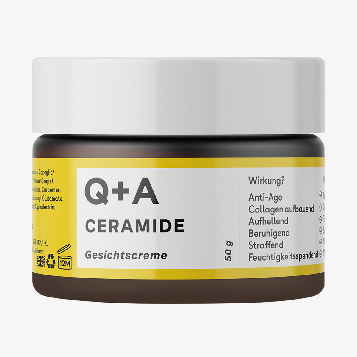 Brauner Tiegel Ceramide Geischtscreme mit gelben Etikett mit Produktinformartionen und weißem Deckel.