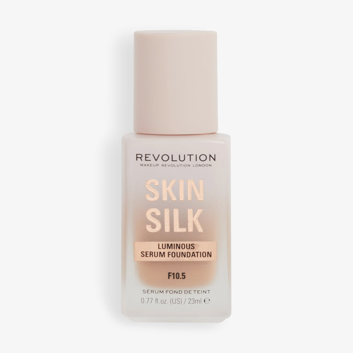 Flasche Skin Silk Serum Foundation im Farbton F10.5 auf weißem Hintergrund.