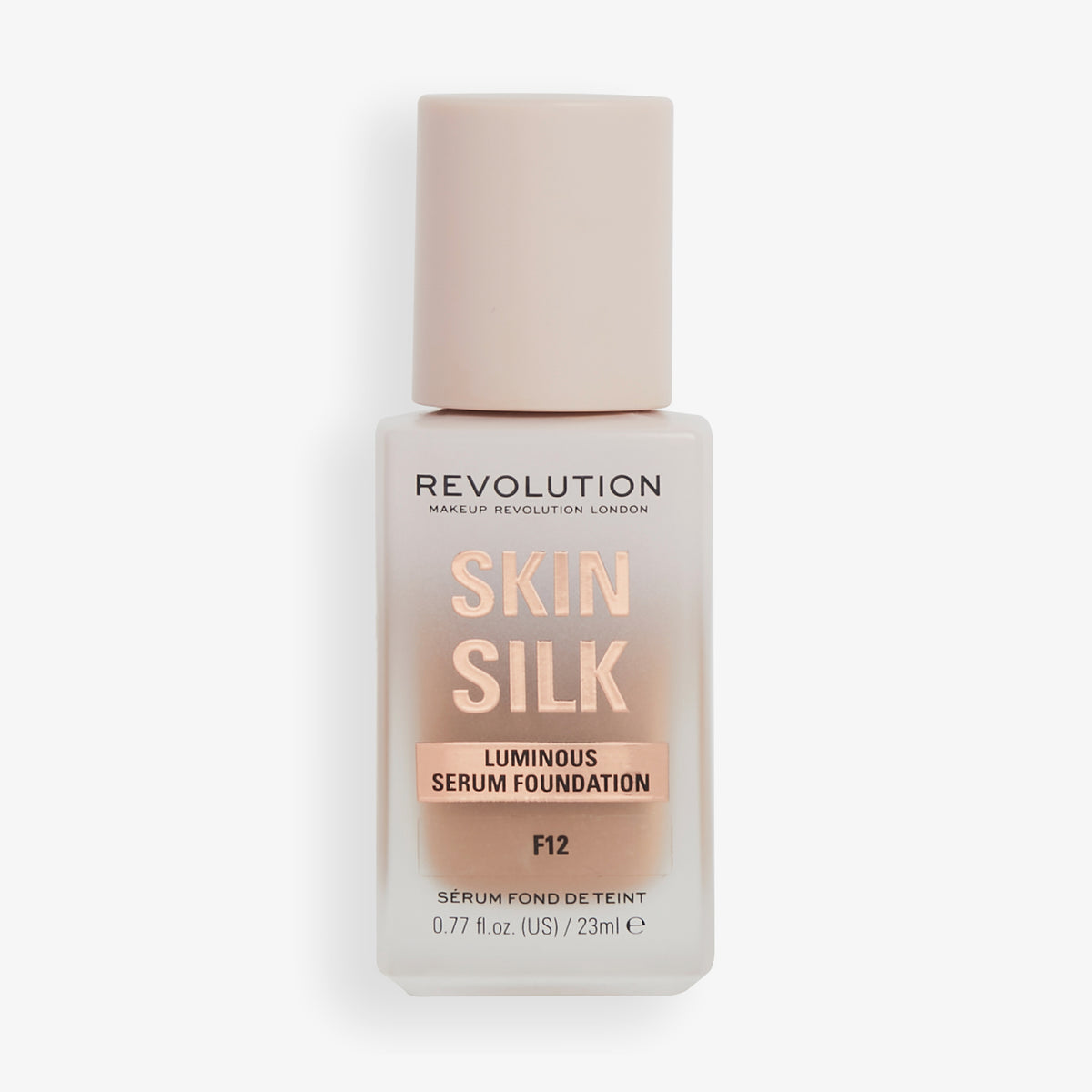 Eine Flasche Skin Silk Serum Foundation ohne Deckel, Farbton F12.