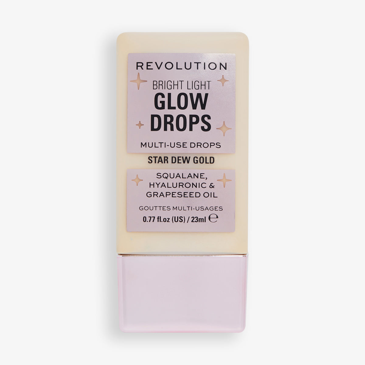 Revolution Bright Light Glow Drops ‚Star Dew Gold‘, 23 ml, Pflege mit Squalan, Hyaluronsäure und Traubenkernöl in beiger Flasche mit rosa Etikett.