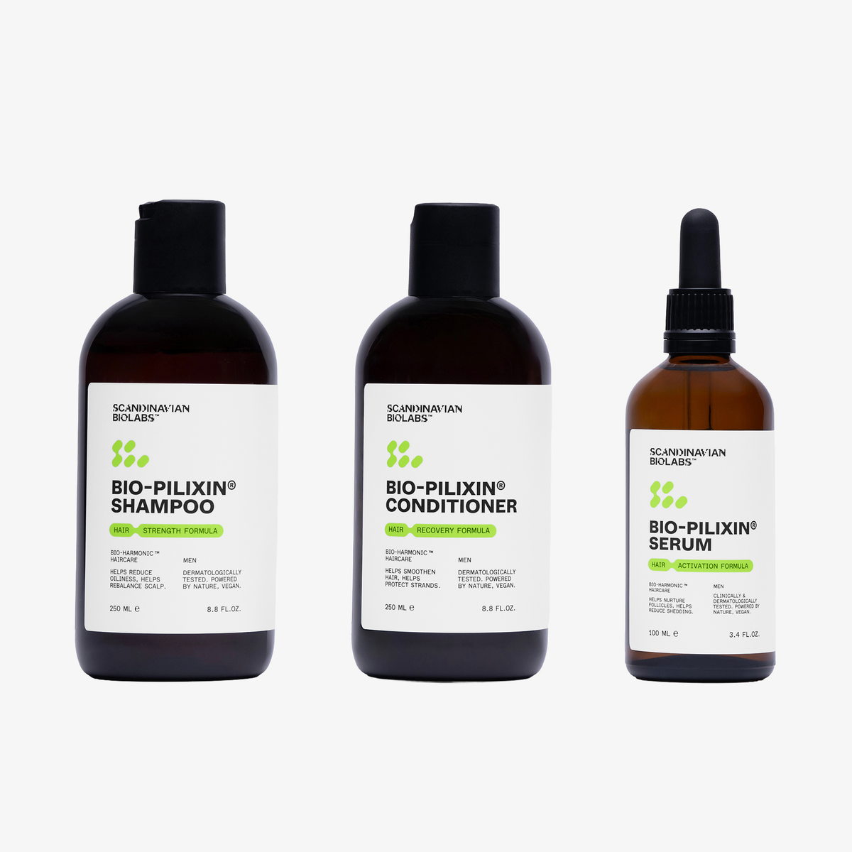 Die Bio-Pilixin® Hair Activation Routine - Men von Scandinavian Biolabs, bestehend aus Shampoo, Conditioner und Serum, wird auf einem weißen Hintergrund dargestellt.