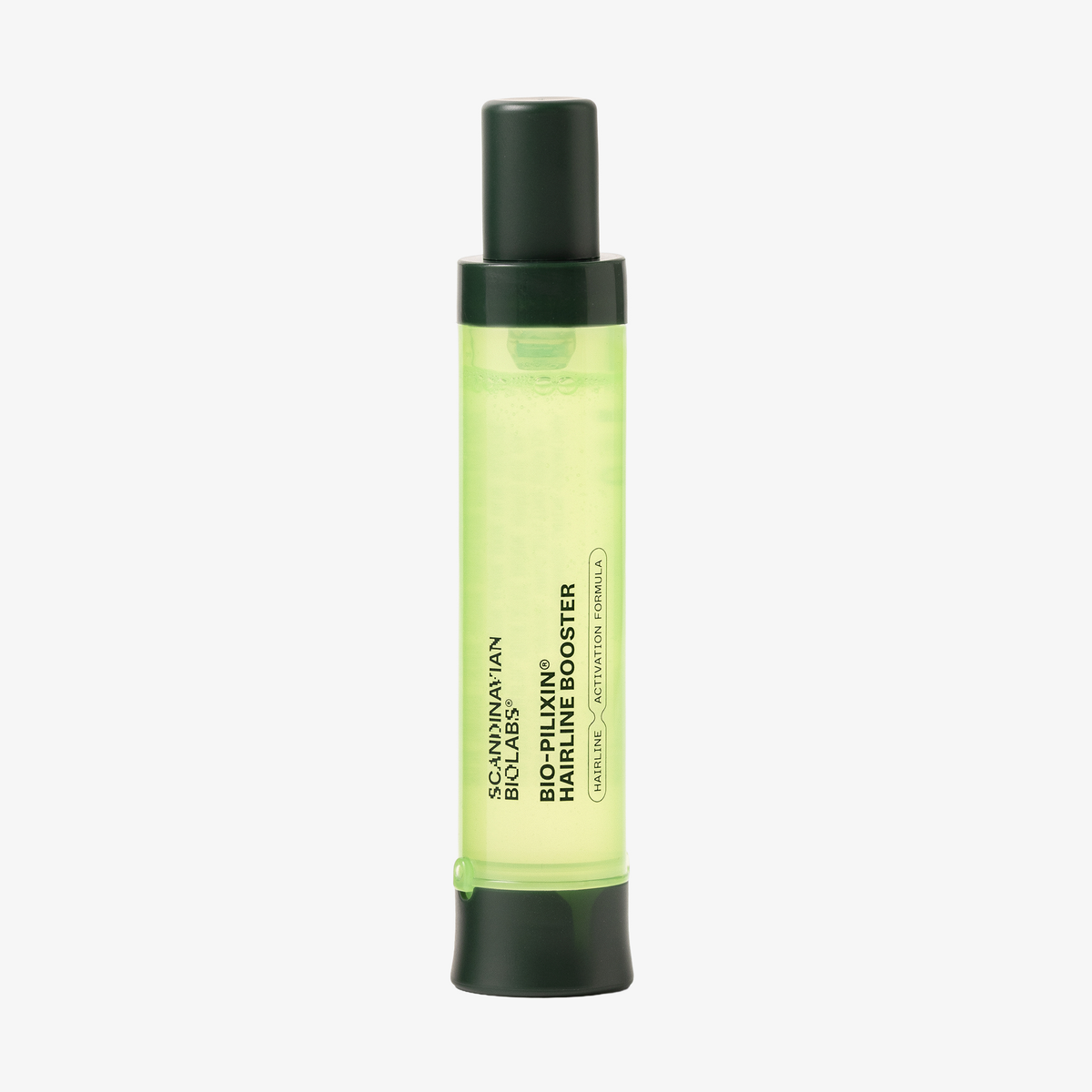 Grüne zylindrische Flasche von Bio-Pilixin® Hairline Booster von Scandinavian Biolabs mit dunkelgrünem Deckel und Boden.