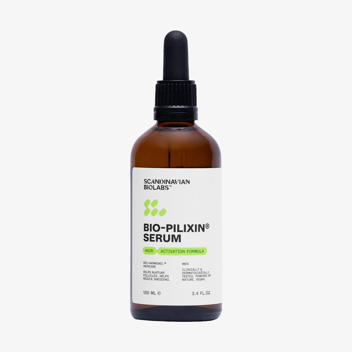 Eine braune Tropfflasche mit der Aufschrift Bio Plixin Serum+ Men von Scandinavian Biolabs zur Haaraktivierung.