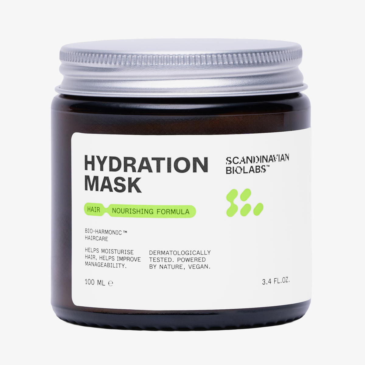 Ein 100-ml-Tiegel der Hair Hydration Mask von Scandinavian Biolabs mit einem weiß-grünen Etikett.