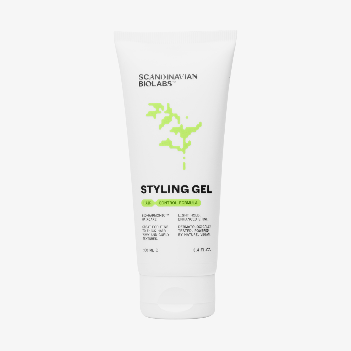 Scandinavian Biolabs Hair Styling Gel in einer weißen Tube mit grünen Akzenten und schwarzem Text.