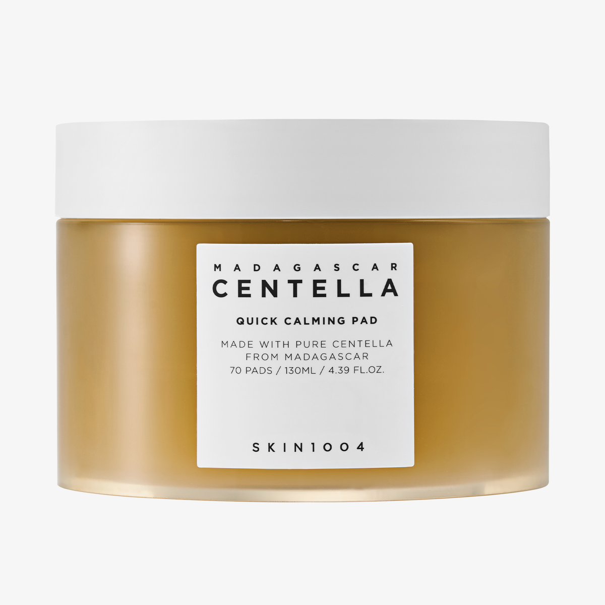 Ein Tiegel SKIN1004 Madagascar Centella Quick Calming Pad mit weißem Deckel ist vor einem weißen Hintergrund abgebildet.