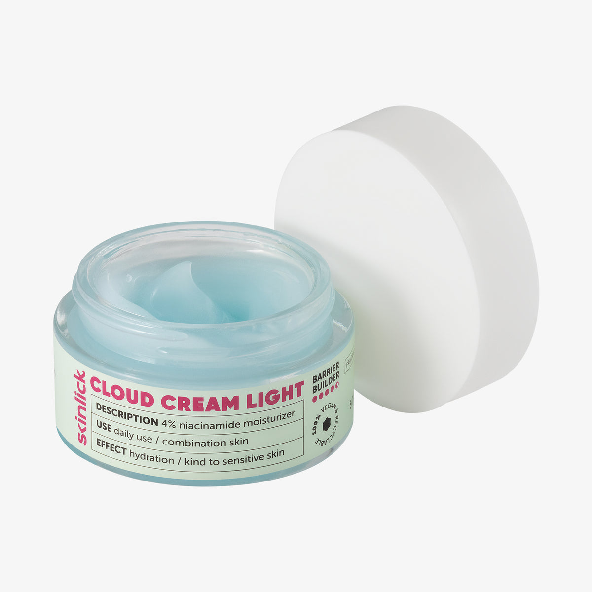 Geöffneter Tiegel der Skinlick Cloud Cream Light mit blauer Gel-Creme und weißem Deckel.