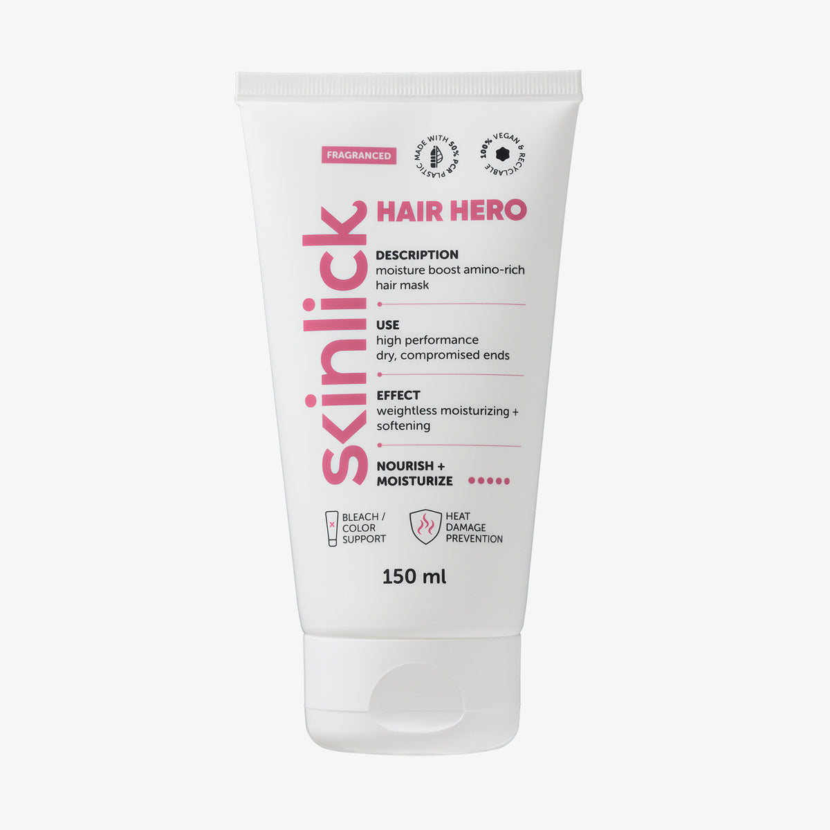 Weiße 150-ml-Tube der Hair Hero-Haarmaske mit rosa und schwarzem Text und Symbolen auf der Vorderseite.