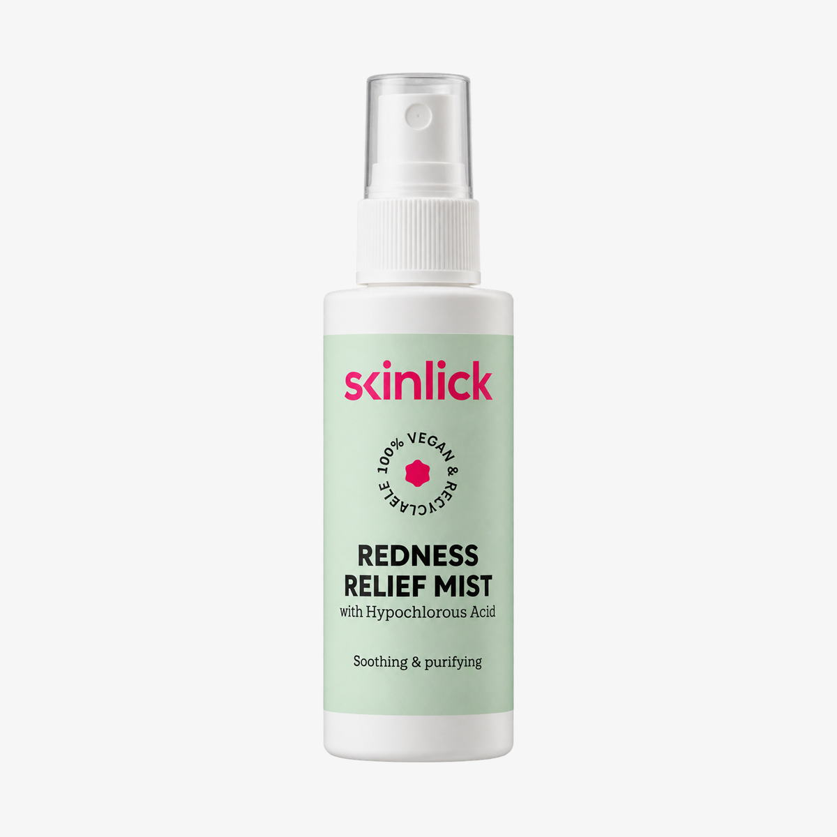 Weiße Skinlick Redness Relief Mist-Sprühflasche mit einem hellgrünen Etikett, auf dem Redness Relief Mist mit hypochloriger Säure steht.