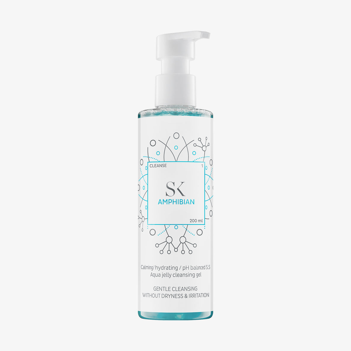 Das Amphibian Aqua Jelly Reinigungsgel wird in einer Flasche mit Pumpspender und blauen Akzenten geliefert.