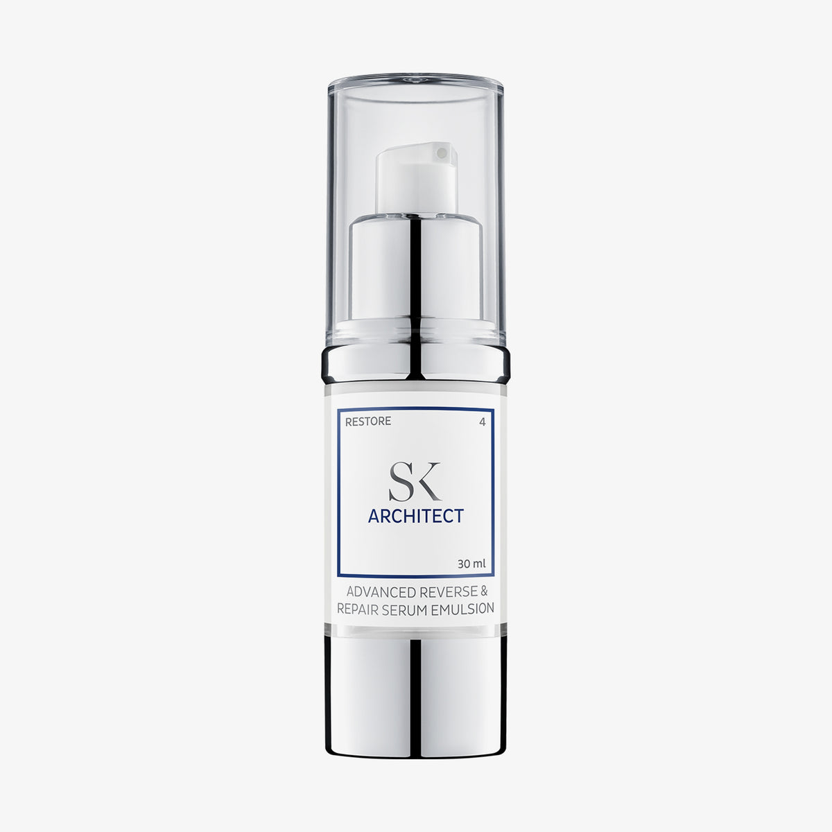 SK Architect Serum in silber-weißer Airless-Pumpe mit durchsichtigem Deckel, beschriftet als „Advanced Reverse & Repair Serum Emulsion“, 30 ml.