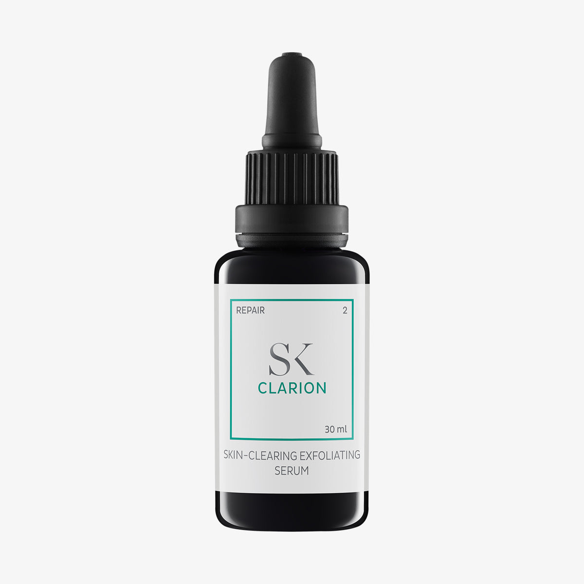 Schwarze Tropfflasche mit der Aufschrift „Clarion Skin-Clearing Exfoliating Serum“, 30 ml, auf weißem Hintergrund.