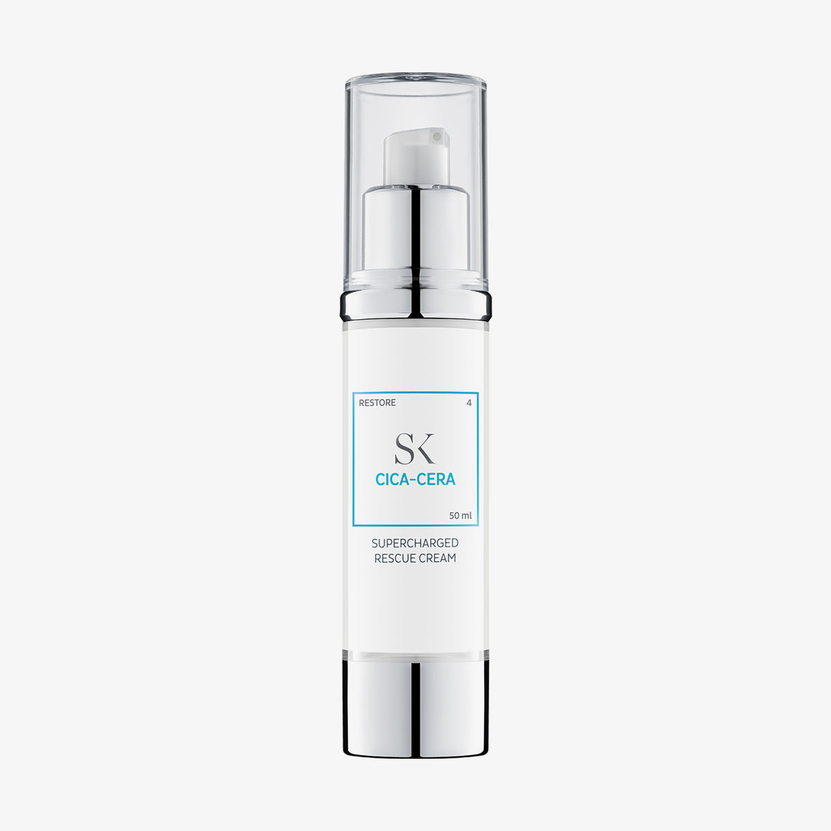 Klare 50-ml-Flasche Cica-Cera Supercharged Rescue Cream mit Pumpspender und silbernen Akzenten.