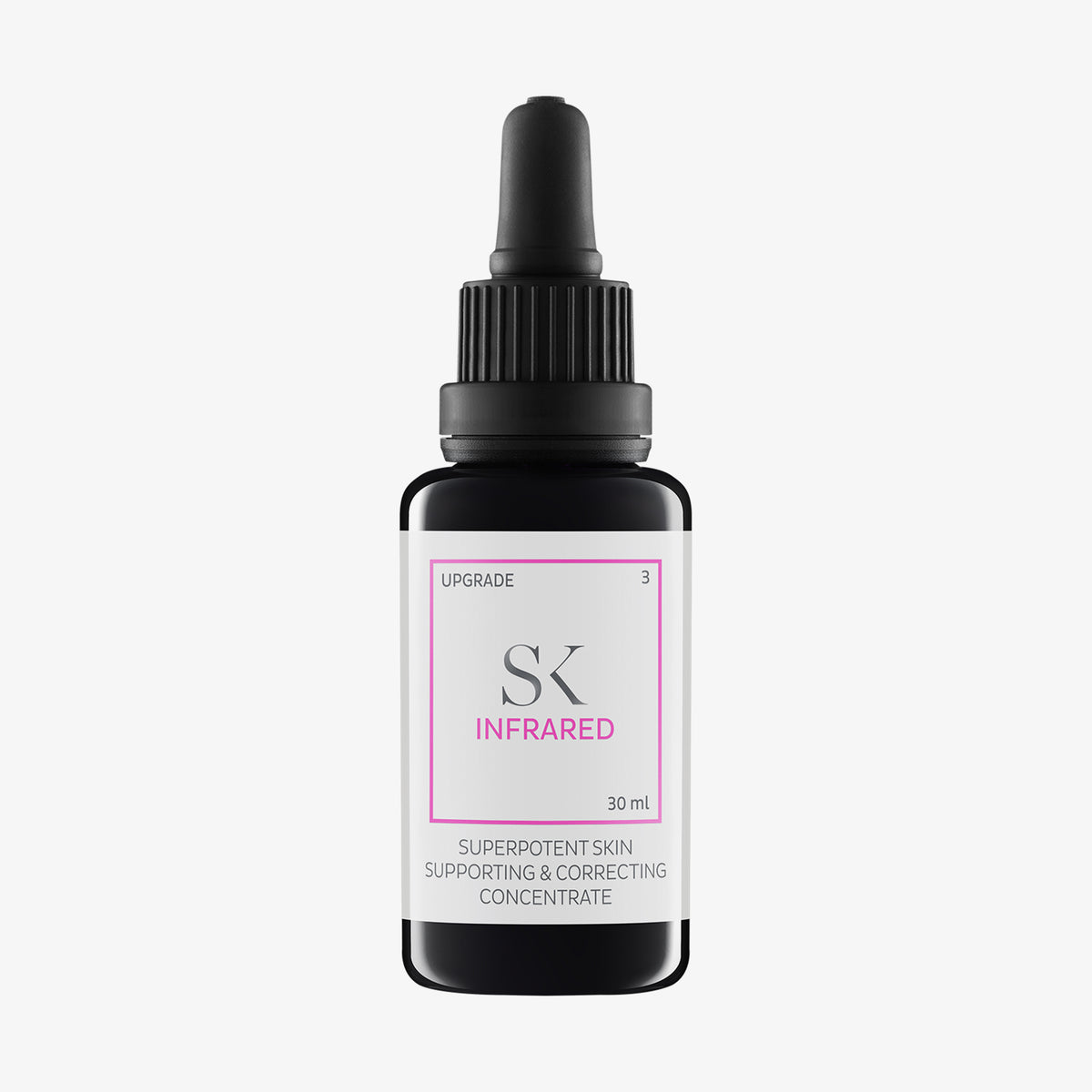 Schwarze Tropfflasche mit weißem Etikett und pinker Aufschrift „SK Infrared“, ein hautkorrigierendes serum mit 30 ml Inhalt.