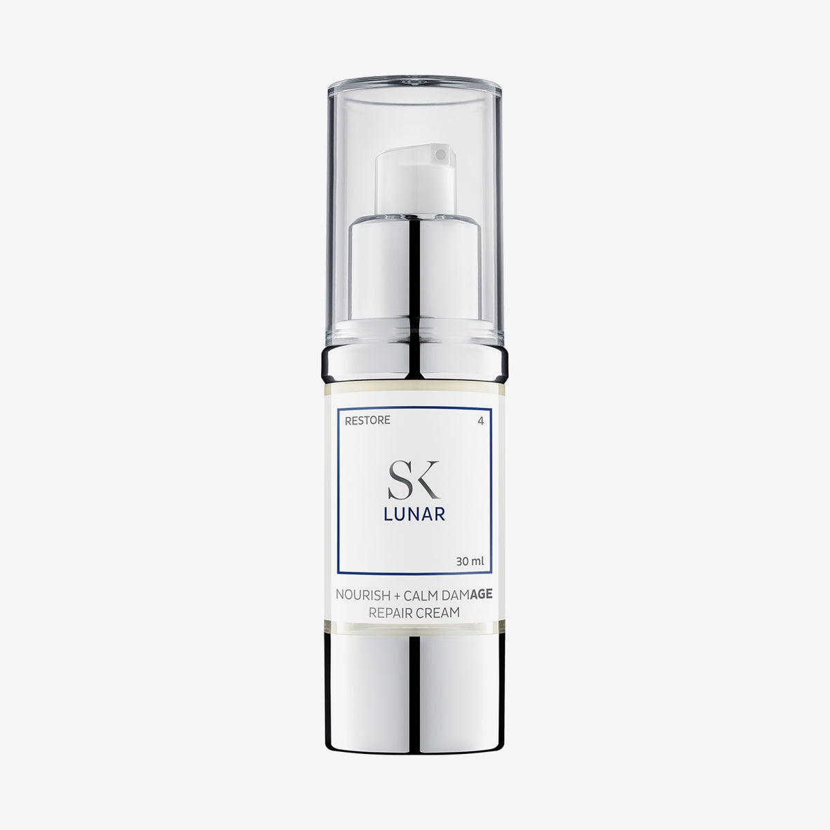 Weiße Airless-Pumpe-Flasche mit silbernem Rand, Beschriftung „SK LUNAR – Nourish + Calm Damage Repair Cream“, 30 ml auf hellem Hintergrund.