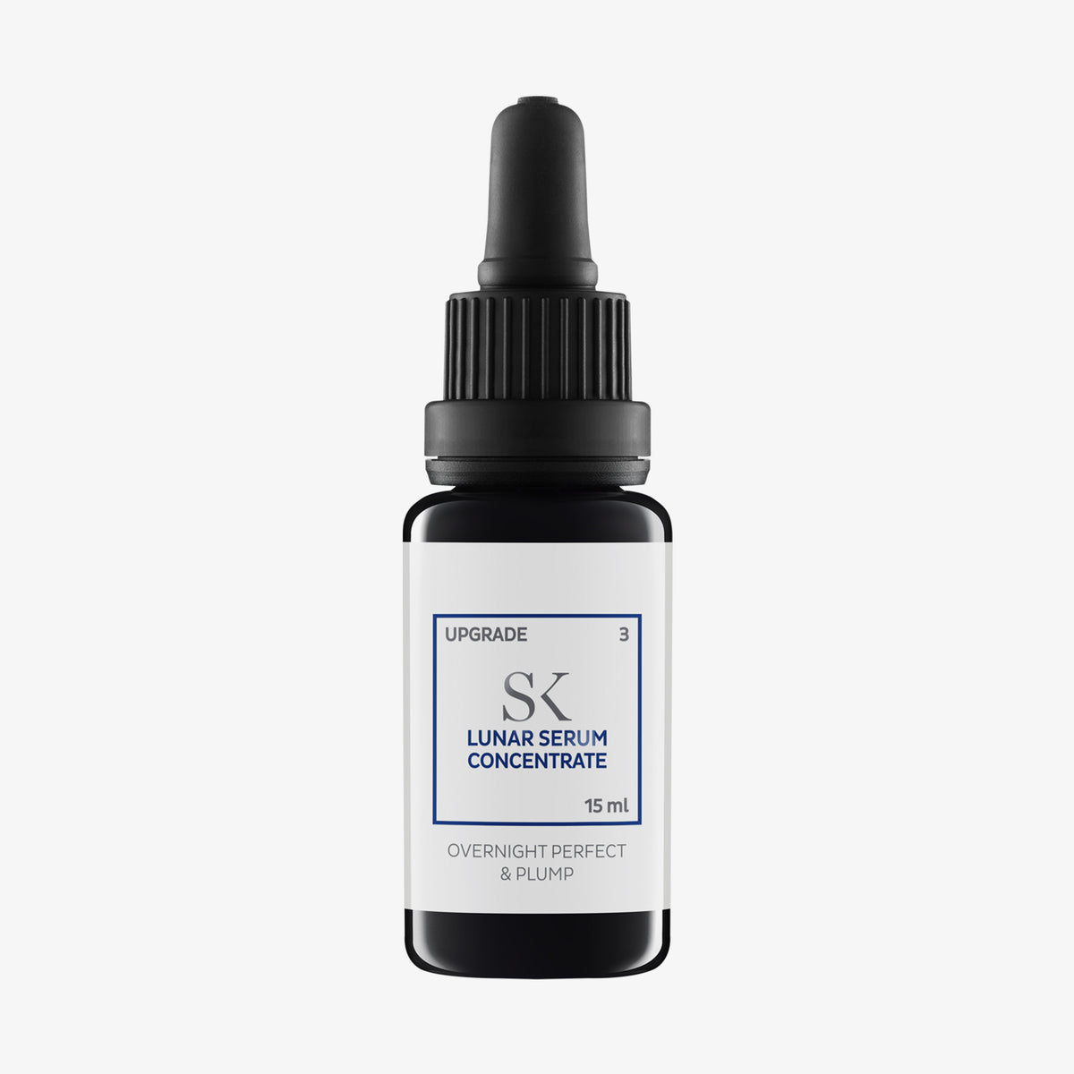 15 ml schwarze Tropfflasche aus dunklem Glas mit der Aufschrift „Lunar Serum Concentrate“ und blauen Akzenten.