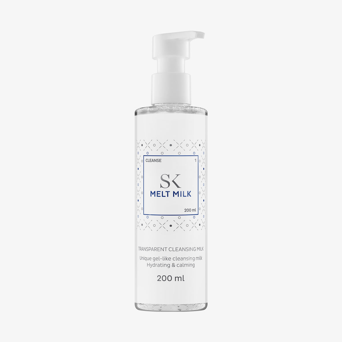 Transparente Pumpflasche Melt Milk Cleansing Milk mit einer feuchtigkeitsspendenden und beruhigenden Formel mit geometrischem Design.