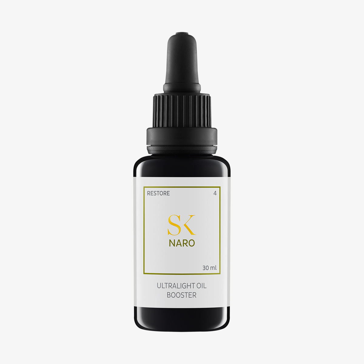 Schwarze Pipettenflasche mit weißem Etikett und gelber Schrift „SK Naro – Ultralight Oil Booster, 30 ml“ auf hellem Hintergrund.