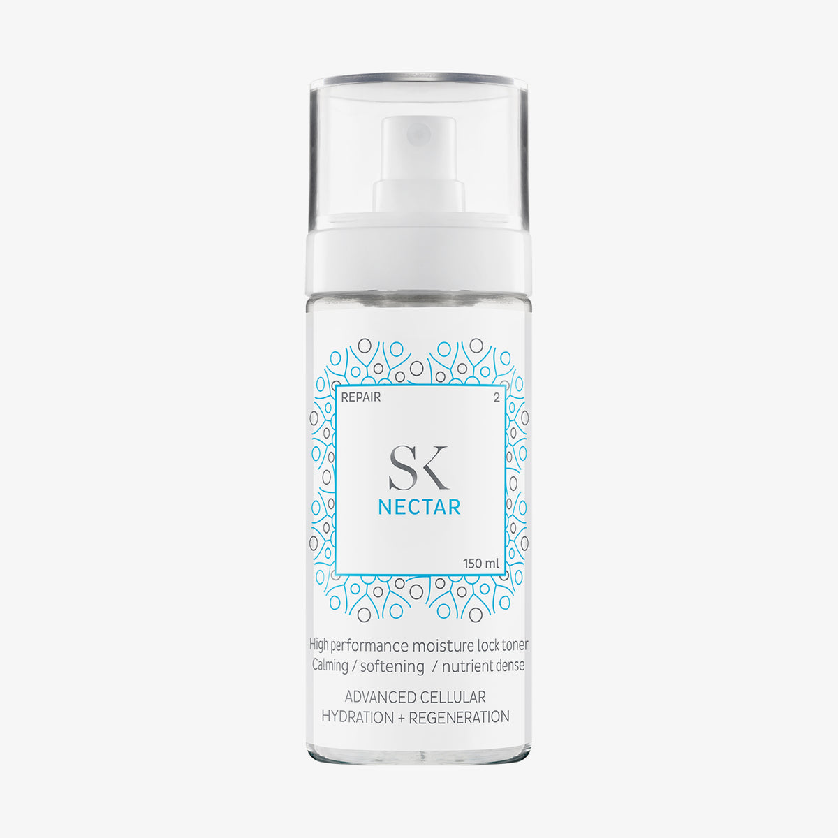 Weiße Sprayflasche mit transparentem Deckel und blauem Muster, Aufschrift: „SK Nectar – High performance moisture lock toner – 150 ml“.