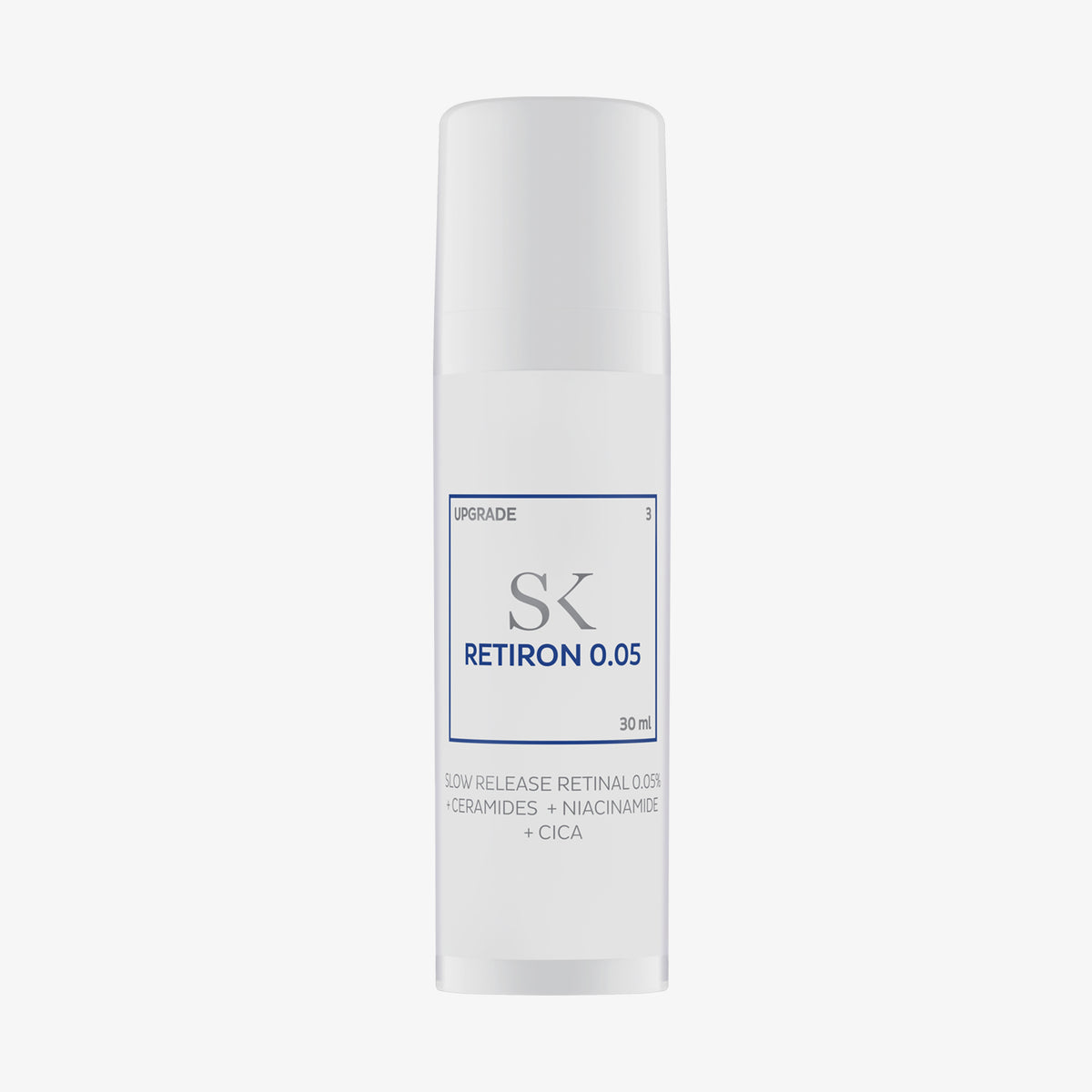 Weiße Retiron 0,05-Hautpflegeflasche mit blauem Text und minimalistischem Design auf weißem Hintergrund.