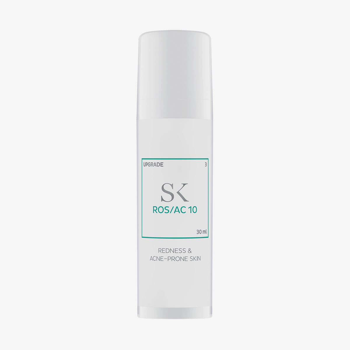 Weiße Flasche des Skintegra ROS/AC 10 Serums mit türkisfarbener Beschriftung, entwickelt für zu Rötungen und Akne neigende Haut.