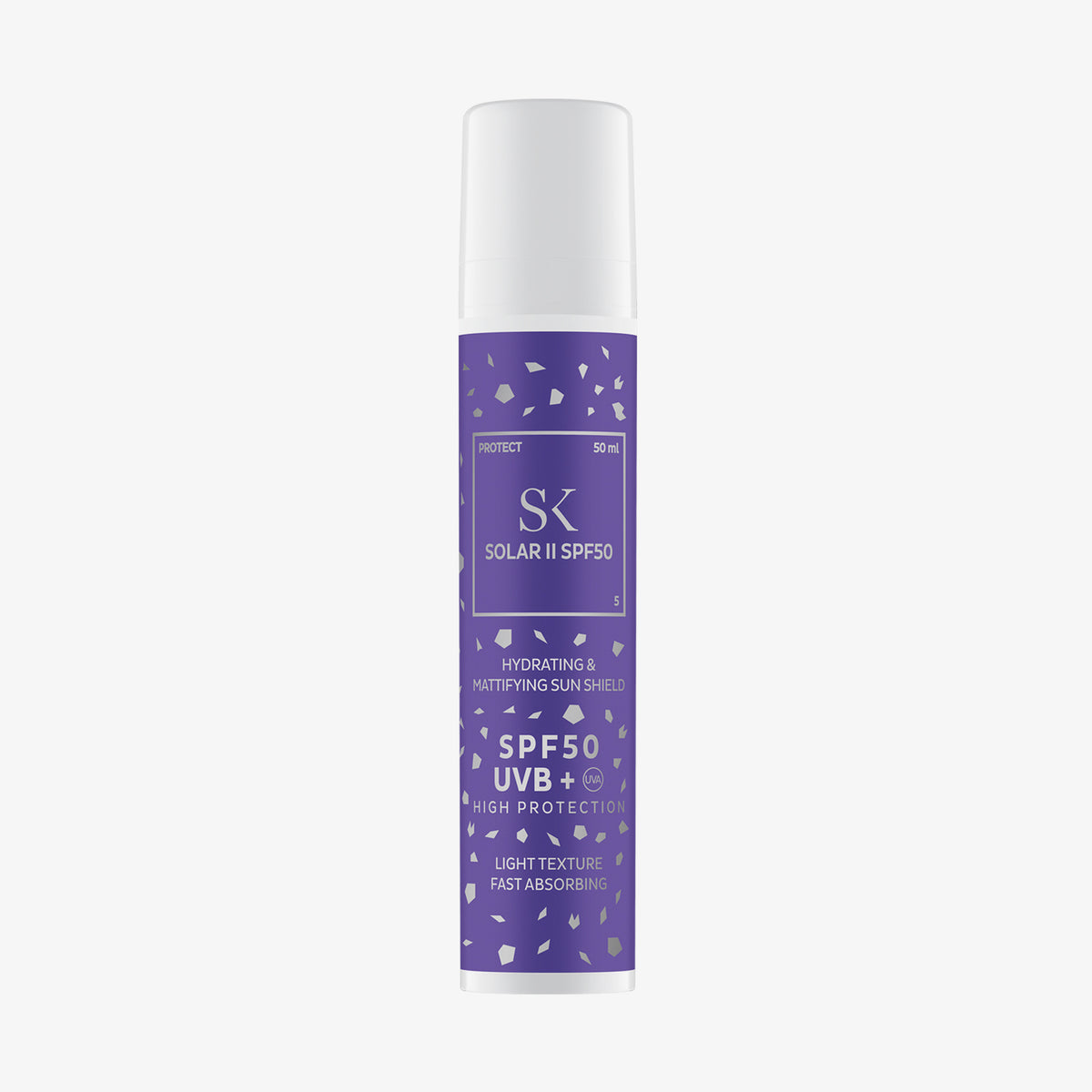 Lila Pumpspender mit weißem Deckel der SK Solar II SPF50 Sonnencreme auf weißem Hintergrund.