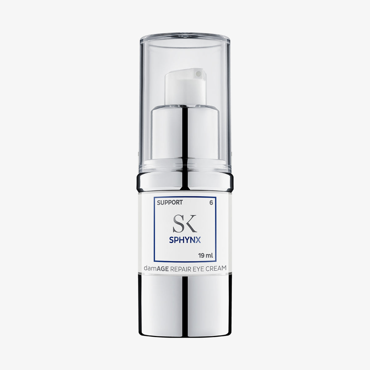 Eine 19 ml-Flasche der Sphynx Damage Repair-Augencreme in Weiß und Silber mit durchsichtiger Kappe.