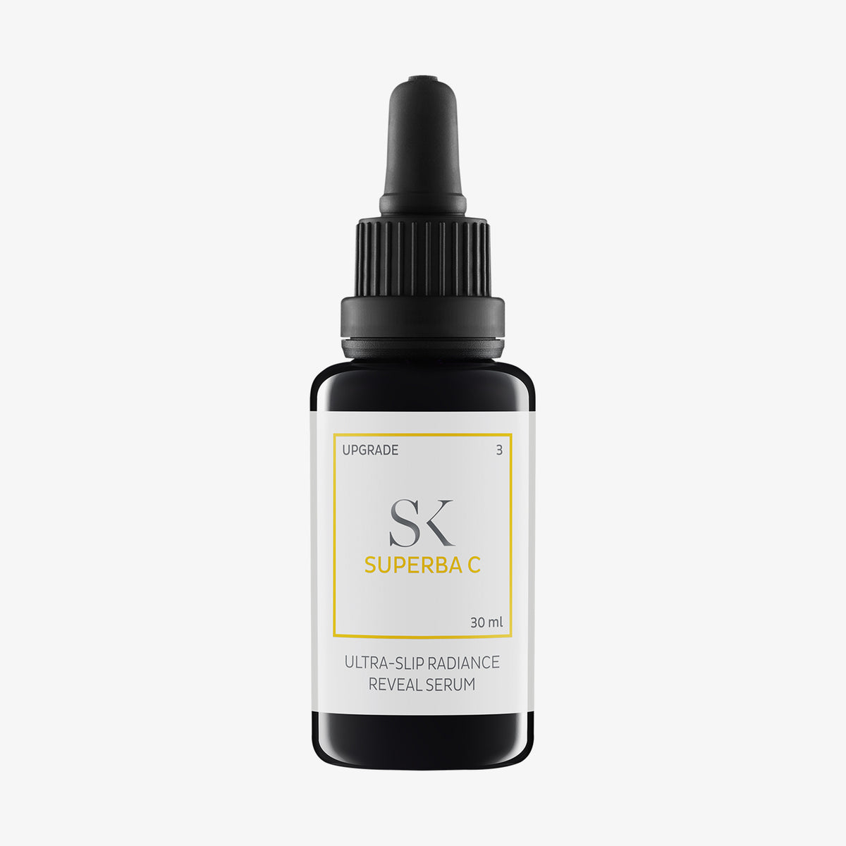 Eine schwarze Tropfflasche mit der Aufschrift „Superba C Serum, 30 ml“.