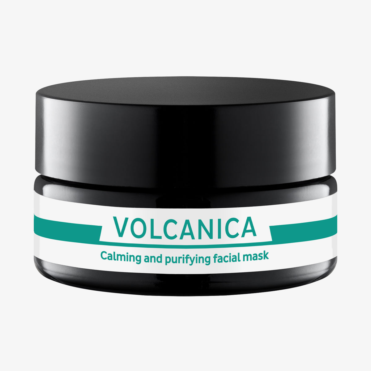 Ein schwarzes Gefäß mit einem grün-weißen Design und der Aufschrift „Volcanica Calming and Purifying Facial Mask“.