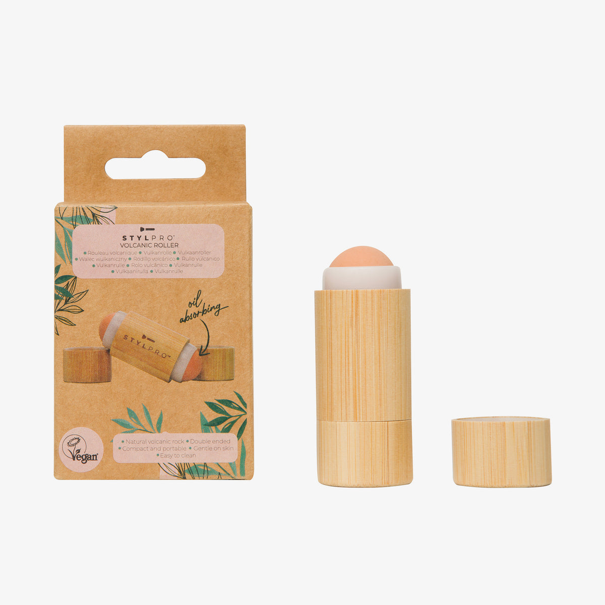 Der Bamboo Volcanic Oil Absorbing Roller wird in einer umweltfreundlichen Kartonverpackung mit Blattillustrationen geliefert.