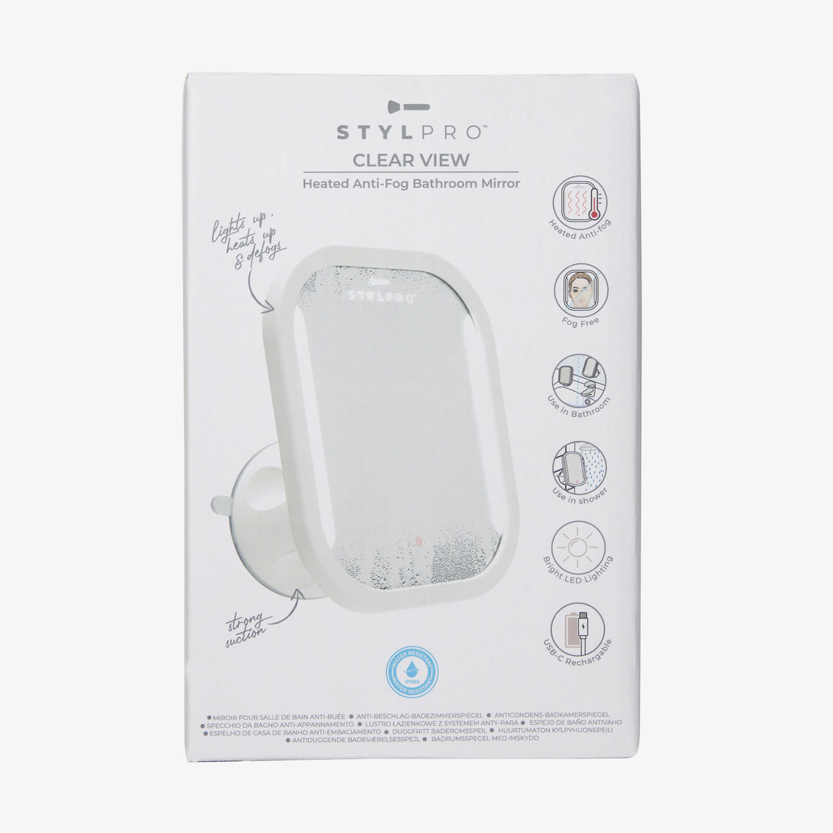 Verpackung des STYLPRO Clear View – beheizter, beschlagfreier Badezimmerspiegel mit LED-Licht, starker Saugkraft und USB-C-Ladung.