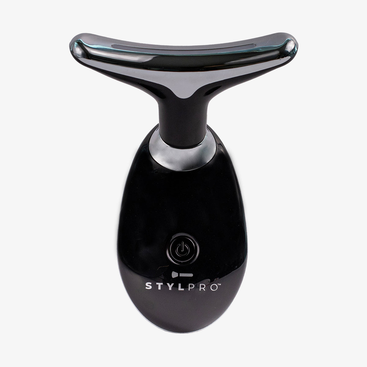 Schwarzes STYLPRO-Gerät zur Gesichts- und Halsstraffung mit T-förmigem Massagestab, Power-Taste und glänzender Oberfläche.