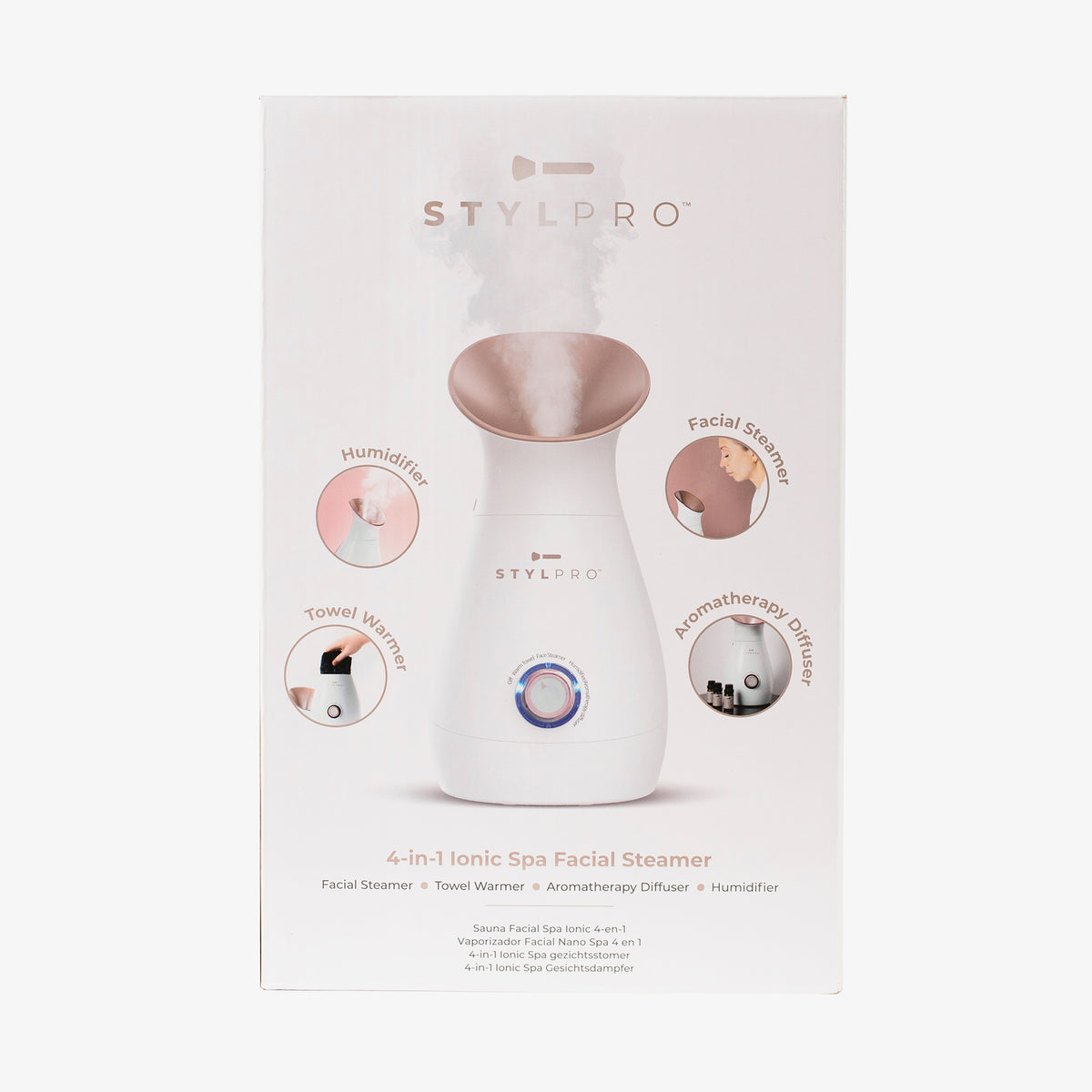 Verpackung Facial Steamer Rose Gold von STYLPRO mit Bildern, die seine Verwendung als Luftbefeuchter, Handtuchwärmer und Diffusor hervorheben.