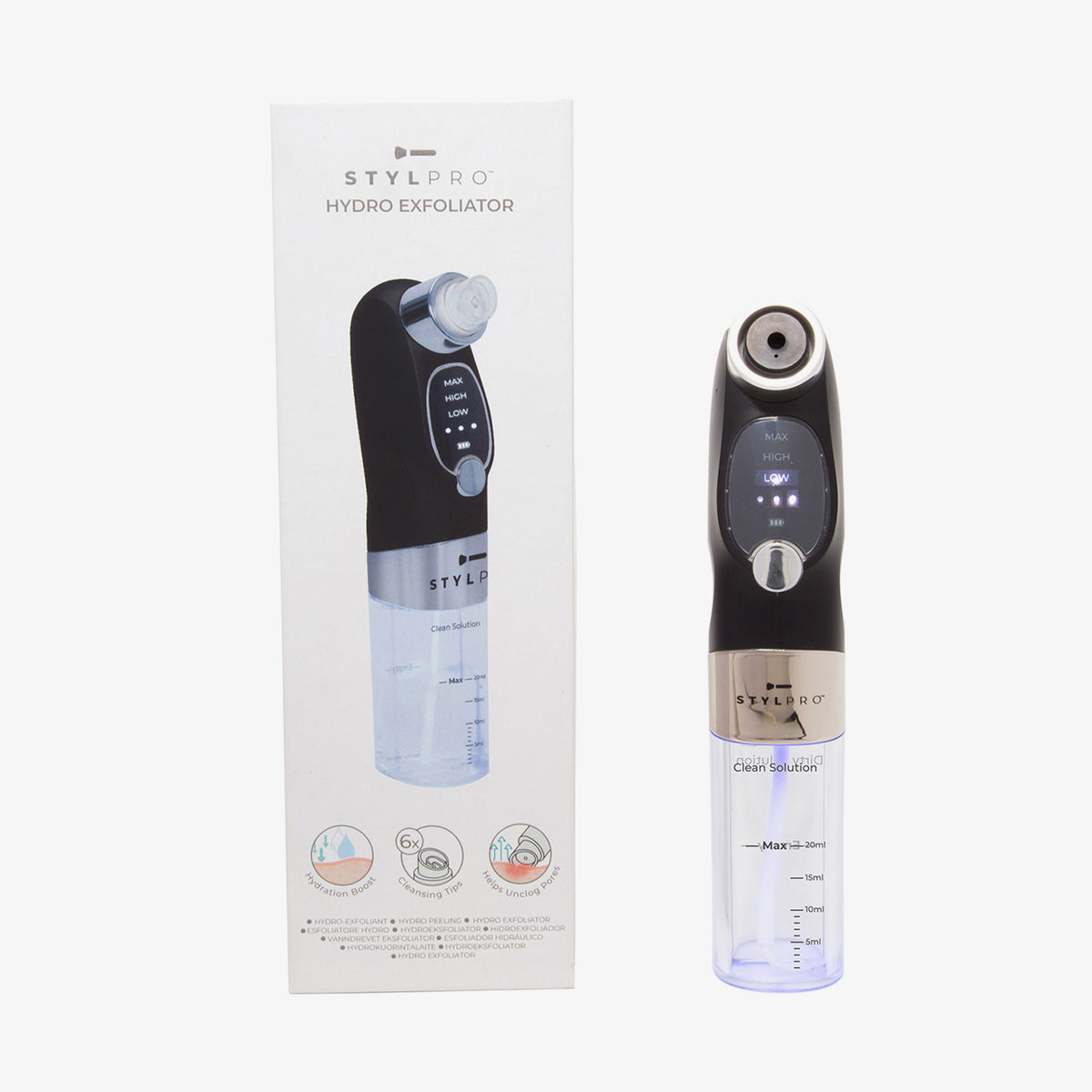 Schwarzer und silberner HYDRO EXFOLIATOR neben der Verpackung auf weißem Hintergrund.