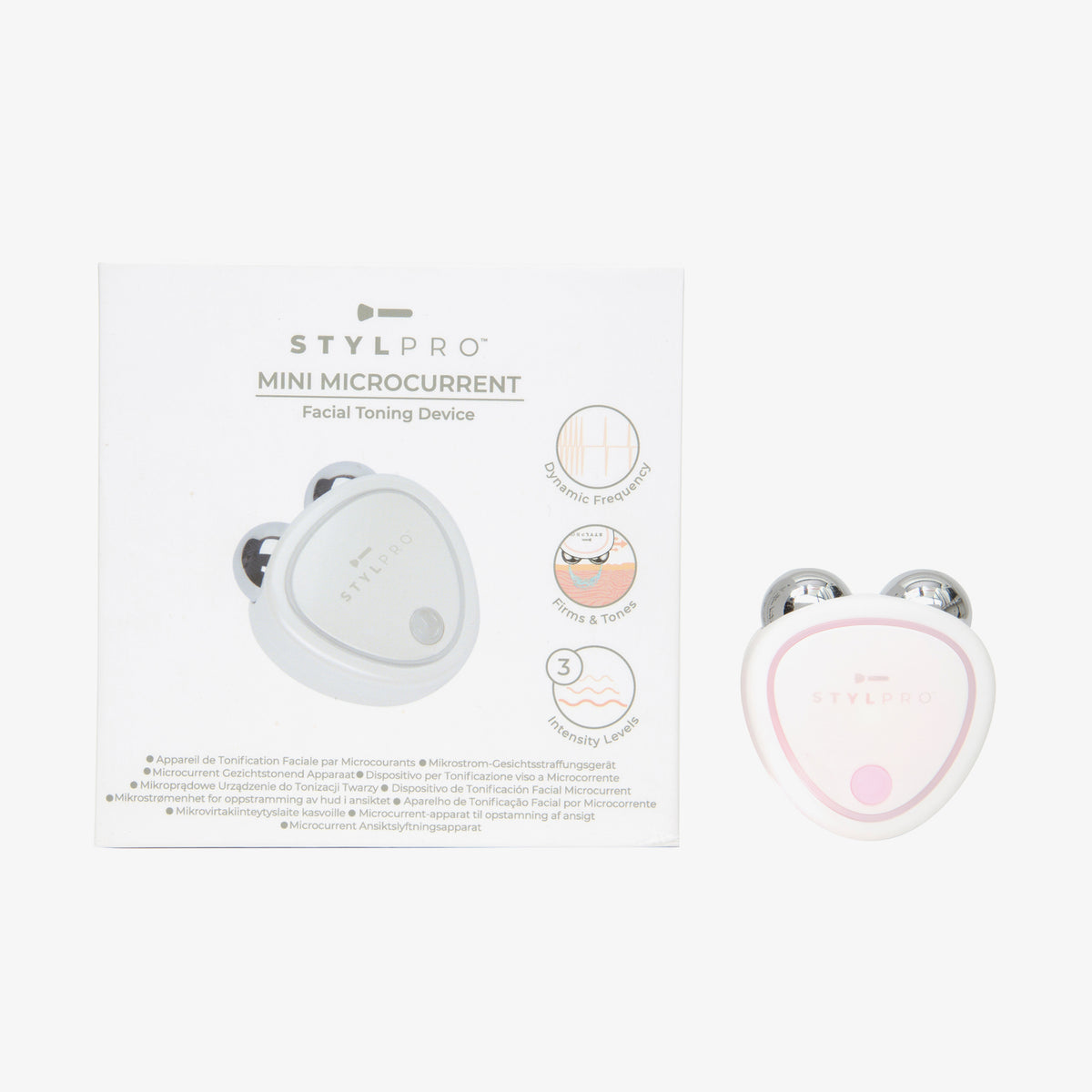Weißes und rosa Mini-Mikrostrom-Gesichtsstraffungsgerät von STYLPRO mit Verpackung.