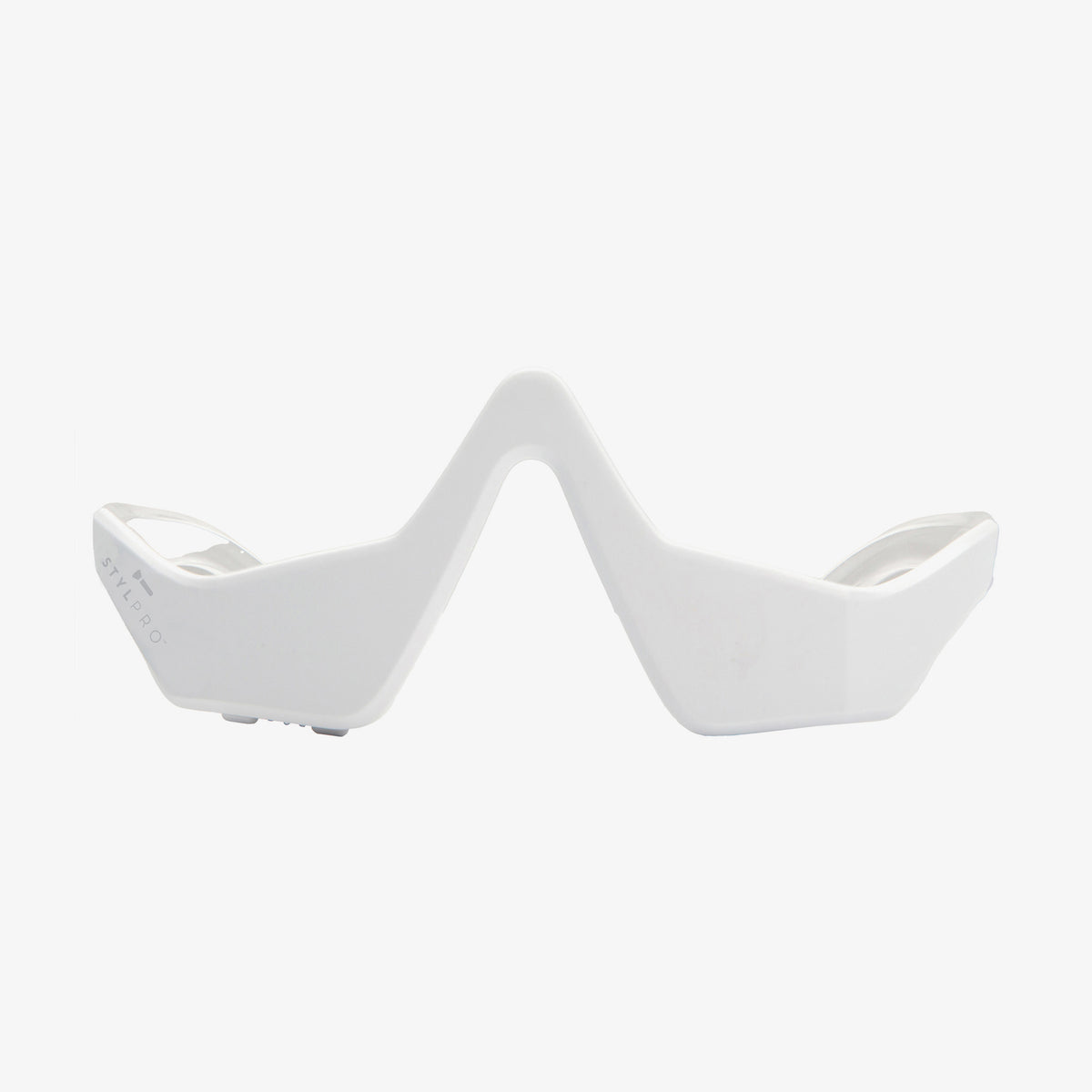 Das Bild zeigt eine weiße STYLPRO LED-Lichttherapiebrille von vorne. Das moderne Design ist speziell für gezielte Augenpflegebehandlungen konzipiert.